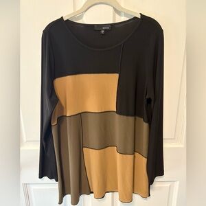 Sun Kim black brown stretch colorblock tunic top shirt women’s size s small